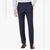 Navy blue dress pants worn with a light blue shirt and brown shoes on a white background