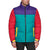 Multicolored puffer jacket with purple, red, and teal sections on a white background