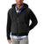 Man wearing a black zip-up hoodie over a plaid shirt on a white background
