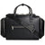 A black leather duffel bag with dual top handles, a detachable shoulder strap, and multiple zippered compartments, shown against a plain white background.