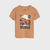 A kids' short-sleeve crewneck t-shirt in a warm tan/camel color, featuring a graphic of an orange race car and the text 'Fiestes Wheels' and 'No.1' on the front, displayed against a light gray background.