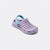 A single light purple perforated clog-style sandal with a light blue strap, shown from a three-quarters angle on a light gray background.