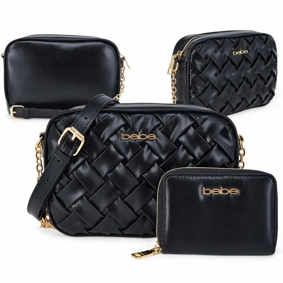 Four black leather accessories from the brand bebe, including two woven crossbody/shoulder bags, one smooth rectangular bag, and one zip-around wallet, all shown on a plain white background.