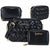Four black leather accessories from the brand bebe, including two woven crossbody/shoulder bags, one smooth rectangular bag, and one zip-around wallet, all shown on a plain white background.