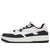 A low-top platform sneaker in white and black, featuring a thick white platform sole, white laces, and black side stripes on a white background.