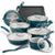 A 12-piece cookware set in teal with stainless steel interiors and lids, including multiple pots, pans, a deep skillet, a colander, a baking pan, and a spatula, arranged on a white background.