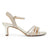 A single women's heeled sandal in a champagne gold metallic finish, featuring a high kitten heel, an ankle strap with a buckle, and multiple crisscrossing straps embellished with sparkling rhinestones, shown against a plain white background.