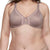 A close-up of a woman wearing a seamless underwire bra in a muted taupe-brown color with light pink embroidered details on the cups and center gore.