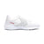 A white Hummel athletic sneaker with textured mesh panels, metallic silver chevron stripes, and a red 'hummel' logo on the side, shown against a plain white background.