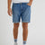 Person wearing blue denim shorts on a plain background