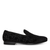 Black velvet loafer with floral pattern on a white background