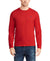 Man wearing a red long-sleeve shirt with a logo on a white background