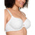 A close-up of a woman wearing a white seamless underwire bra, showing the front cups and thin adjustable straps against a plain white background.