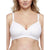 A woman wearing a white wireless bra with underwire and adjustable shoulder straps, shown from the chest up against a plain white background.