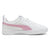 A white Puma platform sneaker with a pink Formstrip on the side, white laces, and a white rubber sole, shown in a side profile view against a white background.