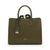 An olive green leather tote bag with dual top handles, a matching leather luggage tag, and a coiled black strap wrapped around the top. The bag features a small gold-tone metal logo plate on the front and a gold logo printed near the bottom center.