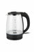 Black electric kettle with blue design on a wooden surface