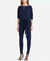 Navy blue jumpsuit worn by a model on a white background
