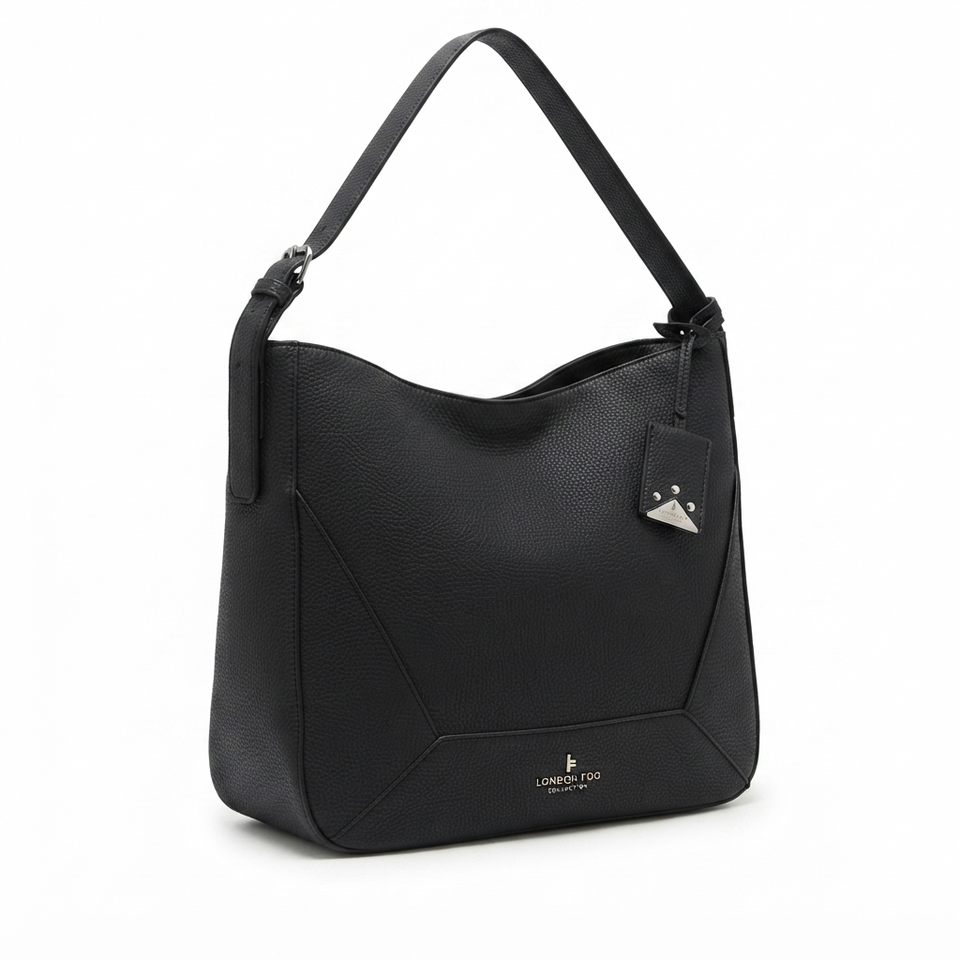 A black pebbled leather shoulder bag with a single strap, geometric panel design, and silver-tone hardware, shown on a plain white background.