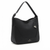 A black pebbled leather shoulder bag with a single strap, geometric panel design, and silver-tone hardware, shown on a plain white background.