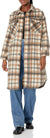 Person wearing a plaid coat over a denim outfit on a white background