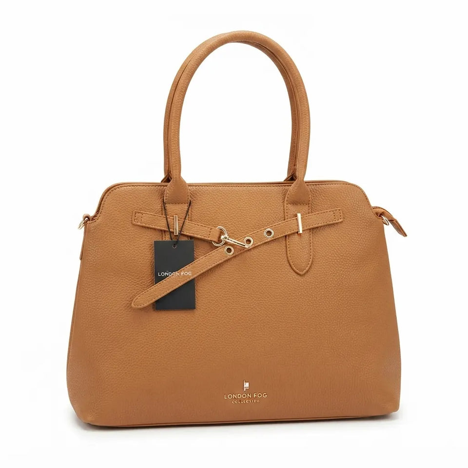 A tan pebbled leather handbag with double top handles, a front strap detail, and a hanging black brand tag, photographed on a clean white background.