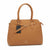 A tan pebbled leather handbag with double top handles, a front strap detail, and a hanging black brand tag, photographed on a clean white background.