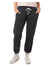 Person wearing dark gray sweatpants with a drawstring on a white background