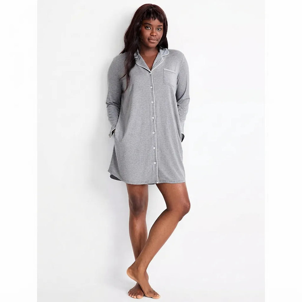 State Of Day Women's Gray Long Sleeve Buttoned Sleep Dress