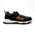 Black and gray sneaker with orange accents on a white background