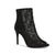 A single black peep-toe ankle boot with a high stiletto heel, featuring a sheer mesh upper densely embellished with black beads and sequins, set against a plain white background.