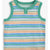 A sleeveless baby tank top with horizontal stripes in green, blue, orange, and white, featuring a solid green crew neck and armholes.
