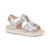 Silver sandal with multiple straps on a white background