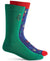 Two pairs of socks, one green with a Christmas tree design and one blue with festive patterns, on a white background.