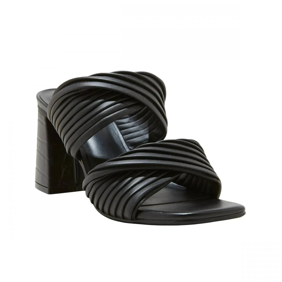 Black heeled sandal with woven design on a white background