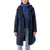 Person wearing a navy raincoat with a blue quilted jacket underneath on a white background