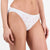 White low-rise bikini briefs with a small pink and green floral pattern and lace trim, shown on a model against a white background.