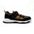 Black and gray sneaker with orange accents on a white background
