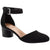 A single black suede ankle-strap pump with a low block heel and silver buckle, shown from a side profile on a white background.