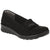 A single black slip-on wedge shoe with a textured sole and a small metallic logo on the strap, shown against a plain white background.