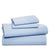 Set of light blue bed sheets and pillowcases on a white background