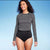 Kona Sol Women's Black Striped Cropped Crewneck Long Sleeve Blouse | Kona Sol In Lebanon