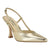 A metallic gold pointed-toe slingback high heel shoe with a T-strap and ankle buckle, shown from a side profile on a white background.