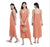 Woman wearing a peach-colored slip dress with a gold beaded handbag, shown from front, side, and back views.