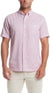 Man wearing a pink short-sleeve button-up shirt on a white background