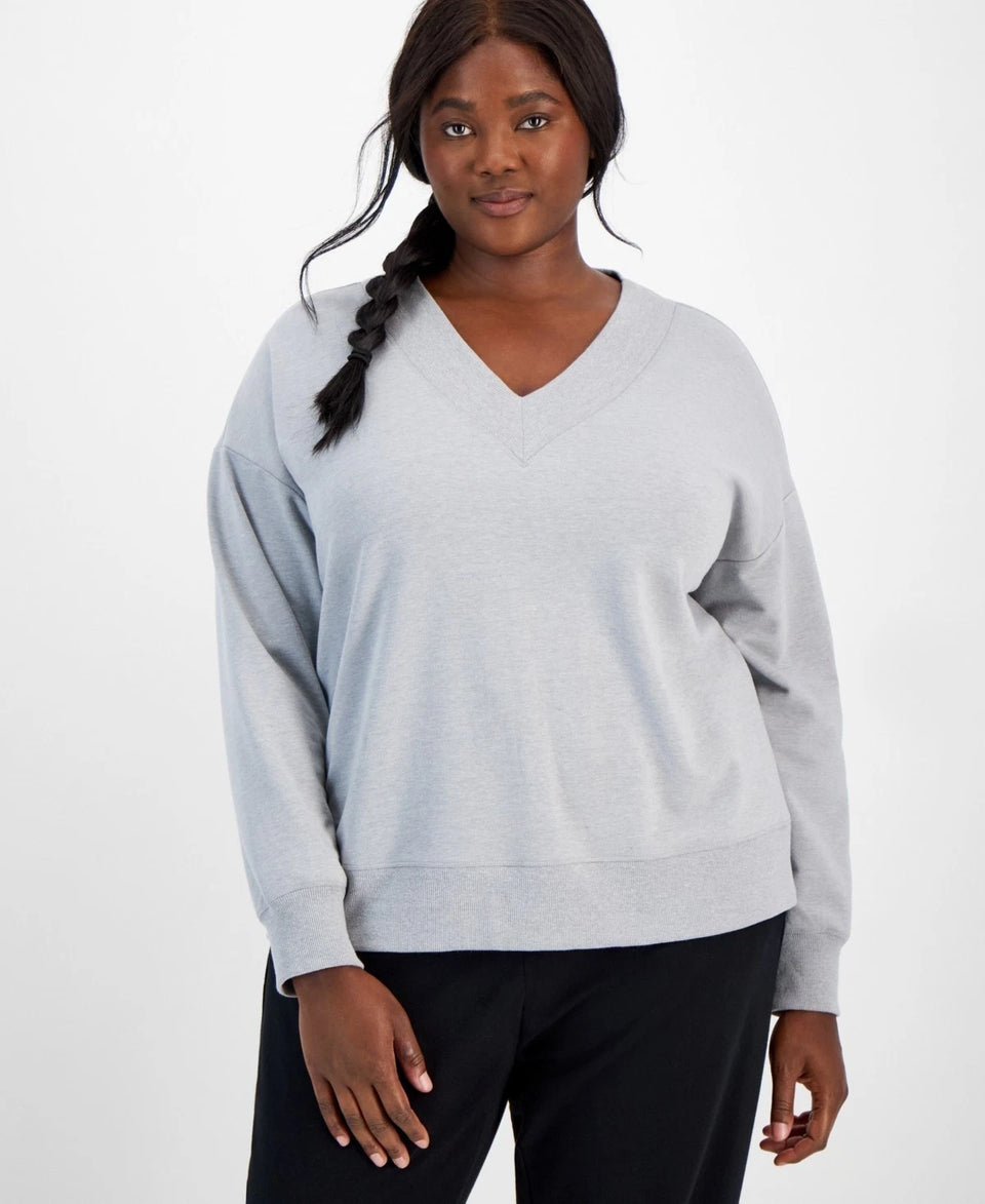 Id Ideology Women's Grey Plus Size V-Neck Fleece Sweatshirt | Id Ideology In Lebanon