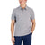 Man wearing a gray polo shirt and navy pants on a white background