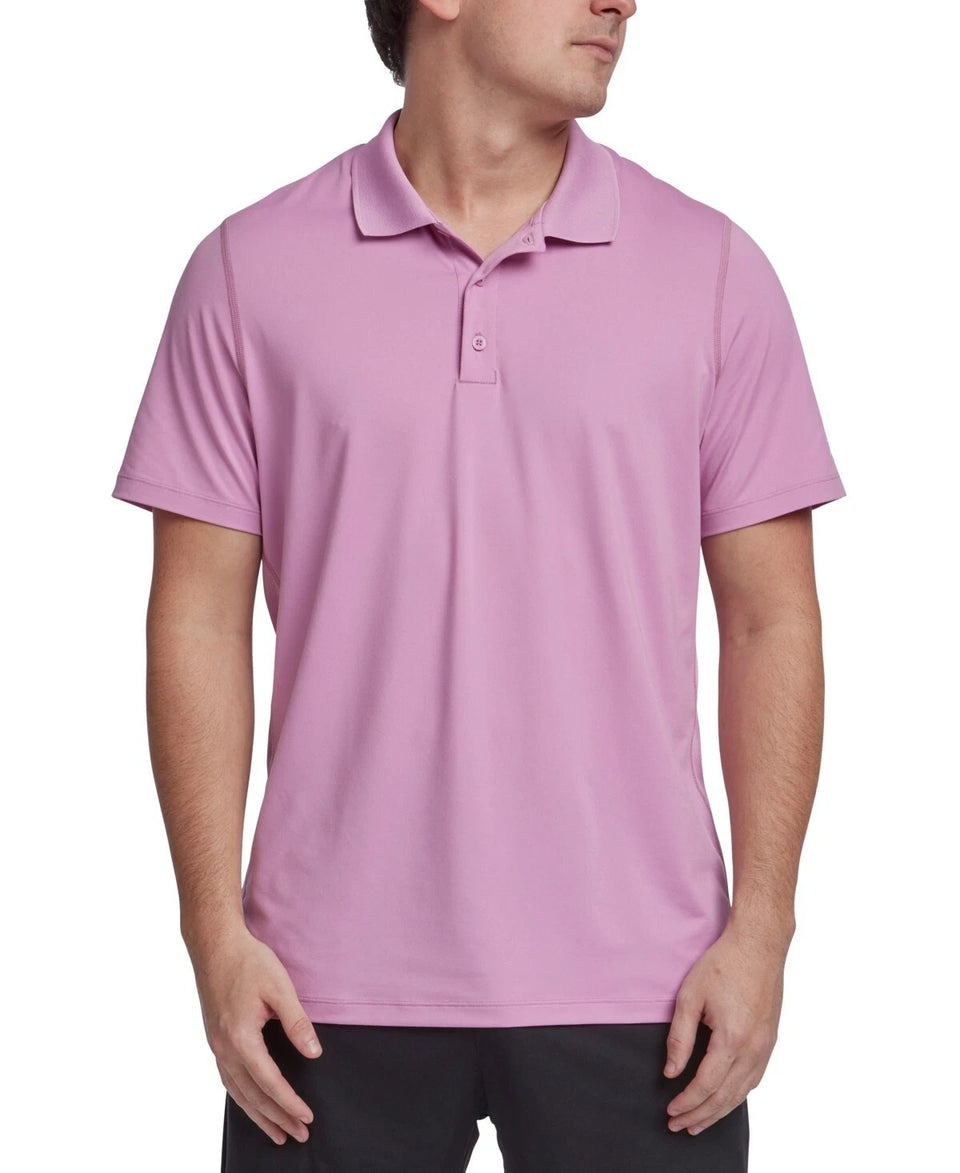 Man wearing a pink polo shirt on a white background