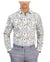 Man wearing a floral patterned shirt and gray pants on a white background