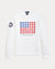 White sweatshirt with red, white, and blue design on a white background